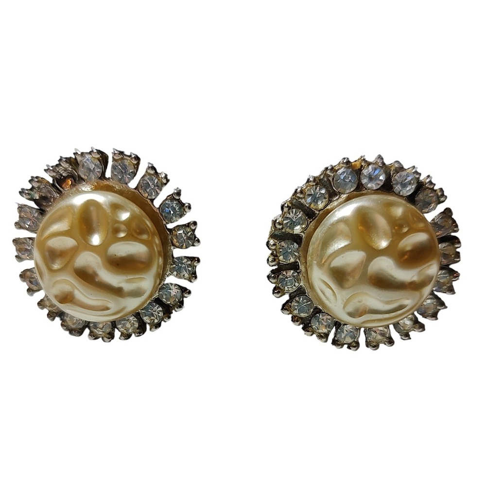 Vintage Clip On Earrings Silver Tone Large‎ Faux Pearl and Rhinestone SEE